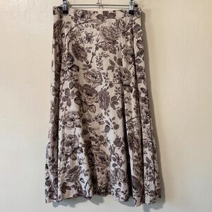 Vintage linen/rayon brown floral side button midi skirt
